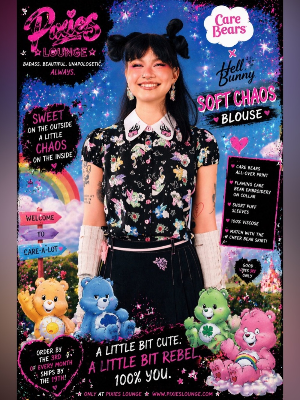 Care Bears x Hell Bunny Soft Chaos Multi Bear Roxi Collar Blouse